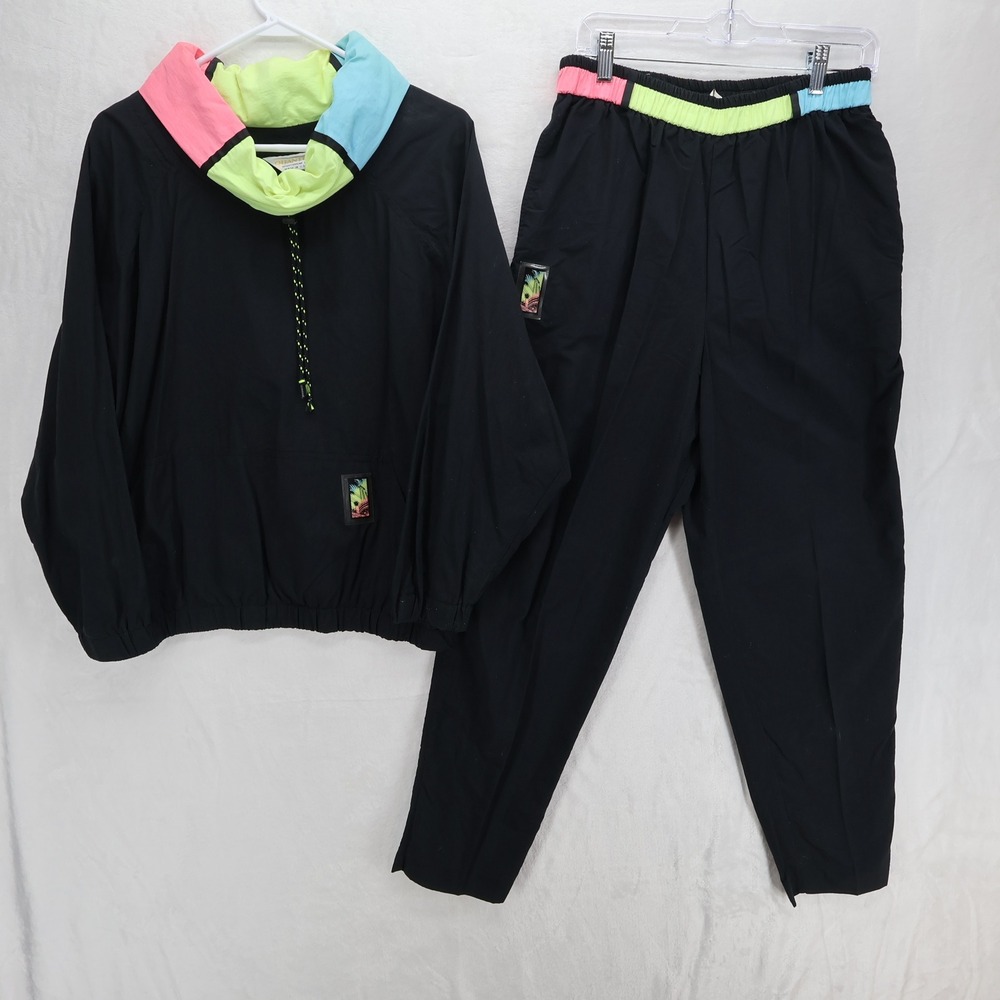 Vintage Quantum Sportswear Neon Colorblock Windbreaker Tracksuit Set Black L